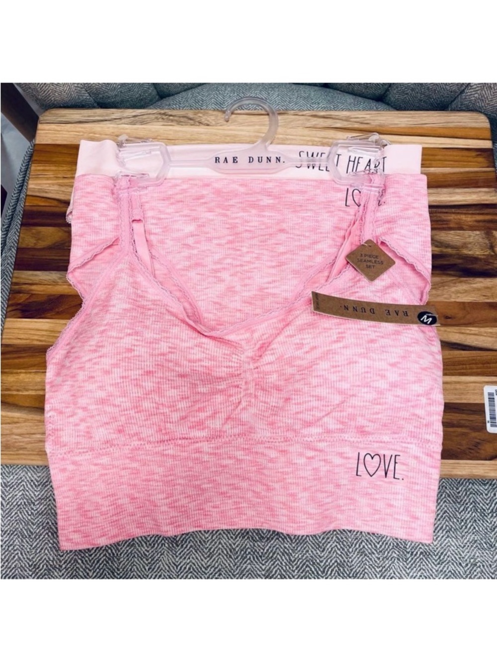 NWT Rae Dunn M 3 Pc Pink Seamless Love Sweetheart Set 2 Hipster Panties Bralette